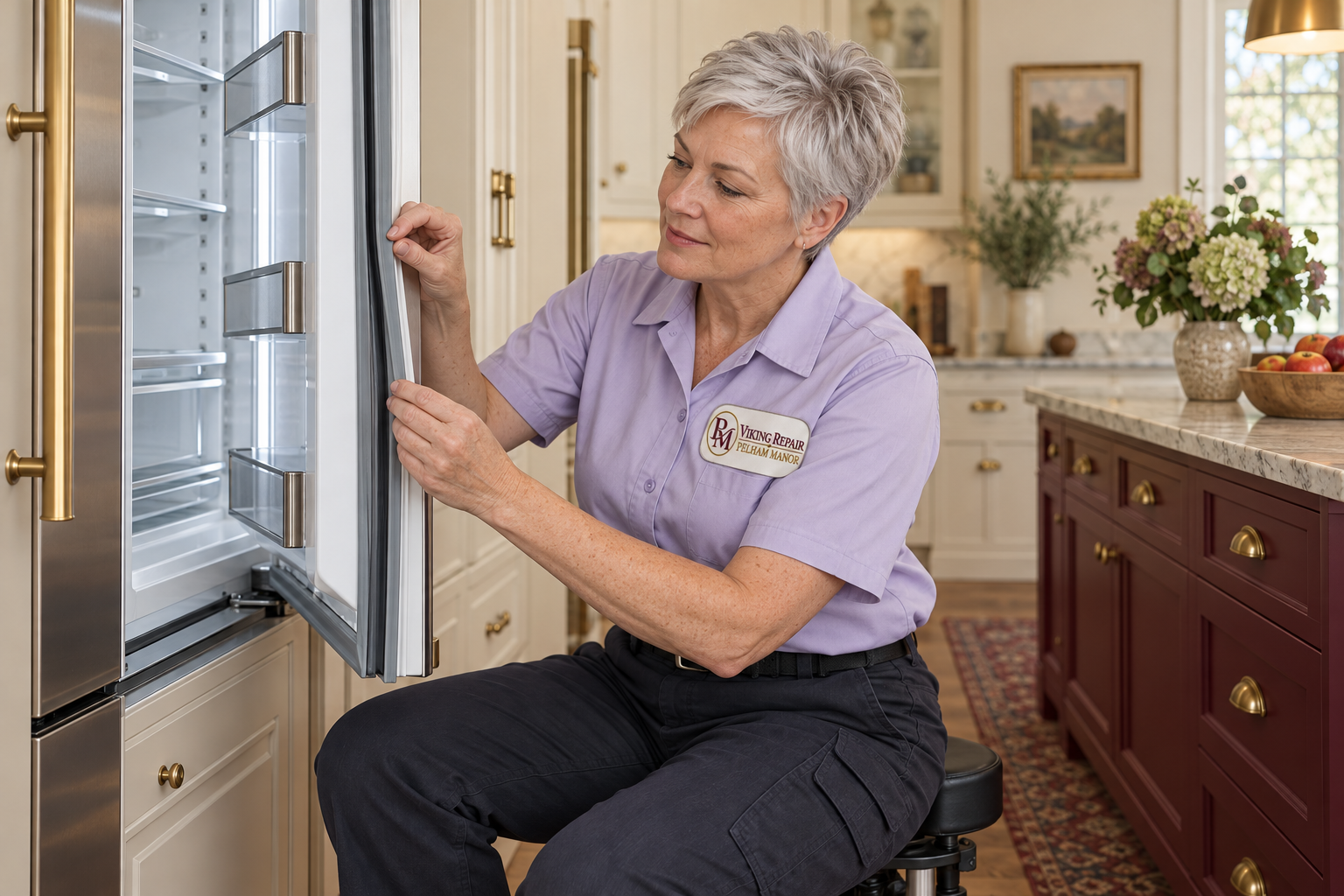 Technician checking a refrigerator door seal — AI illustration for Viking Repair Pelham Manor