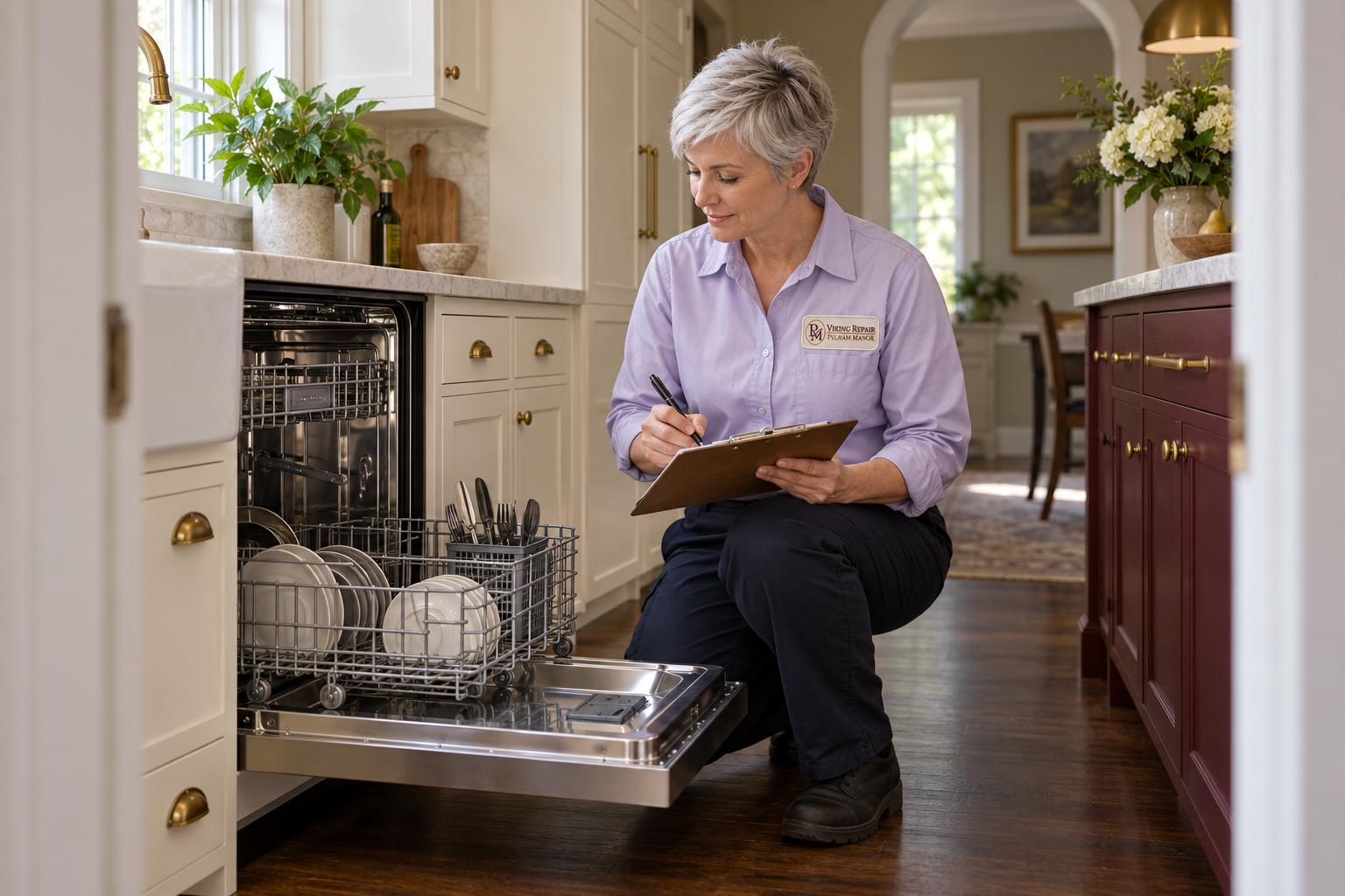 Fictional technician beside a Monogram dishwasher — AI illustration for Viking Repair Pelham Manor