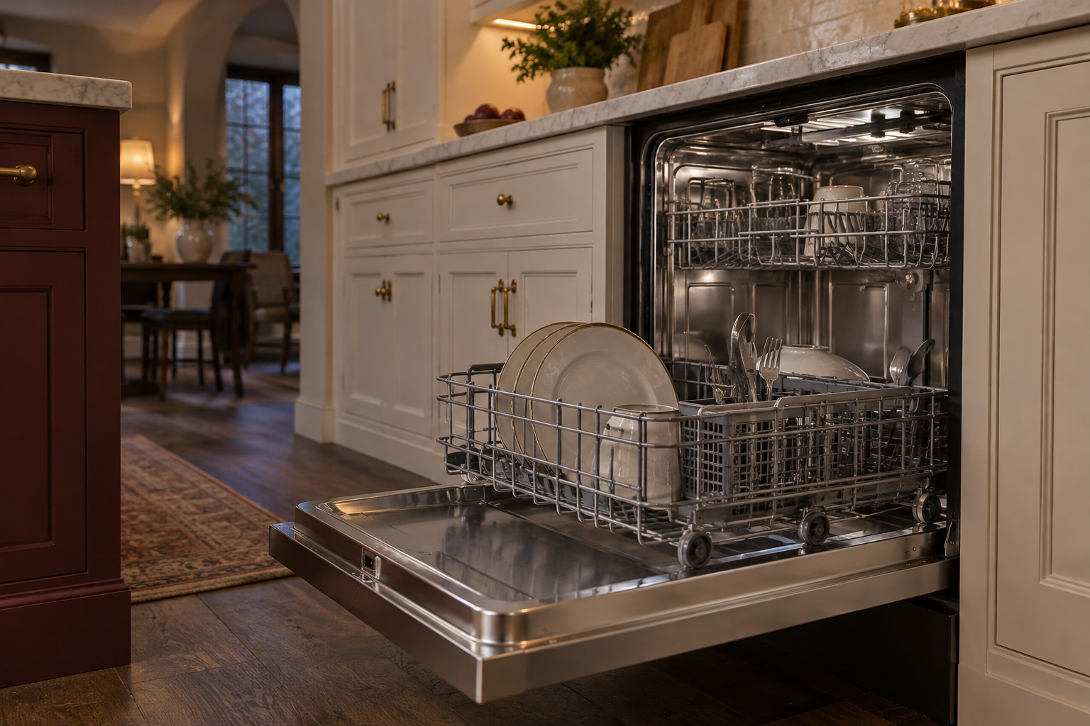 Illustrative Monogram dishwasher in a residential kitchen — AI image for Viking Repair Pelham Manor