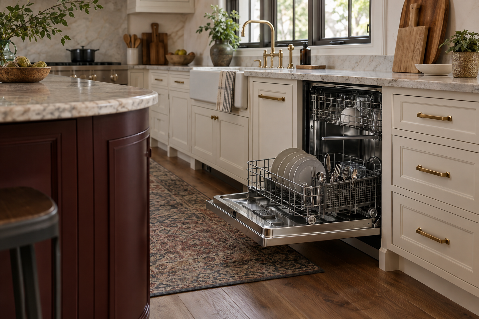 Illustrative Monogram dishwasher in a residential kitchen — AI image for Viking Repair Pelham Manor
