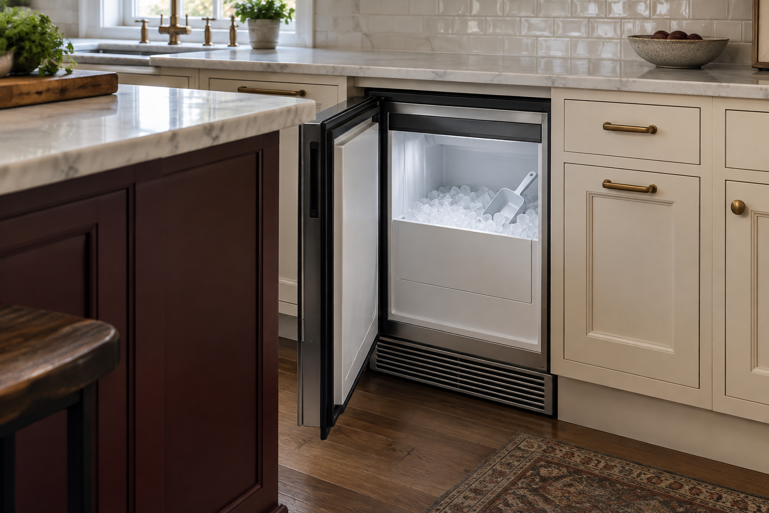 Illustrative Sub-Zero ice maker in a residential kitchen — AI image for Viking Repair Pelham Manor