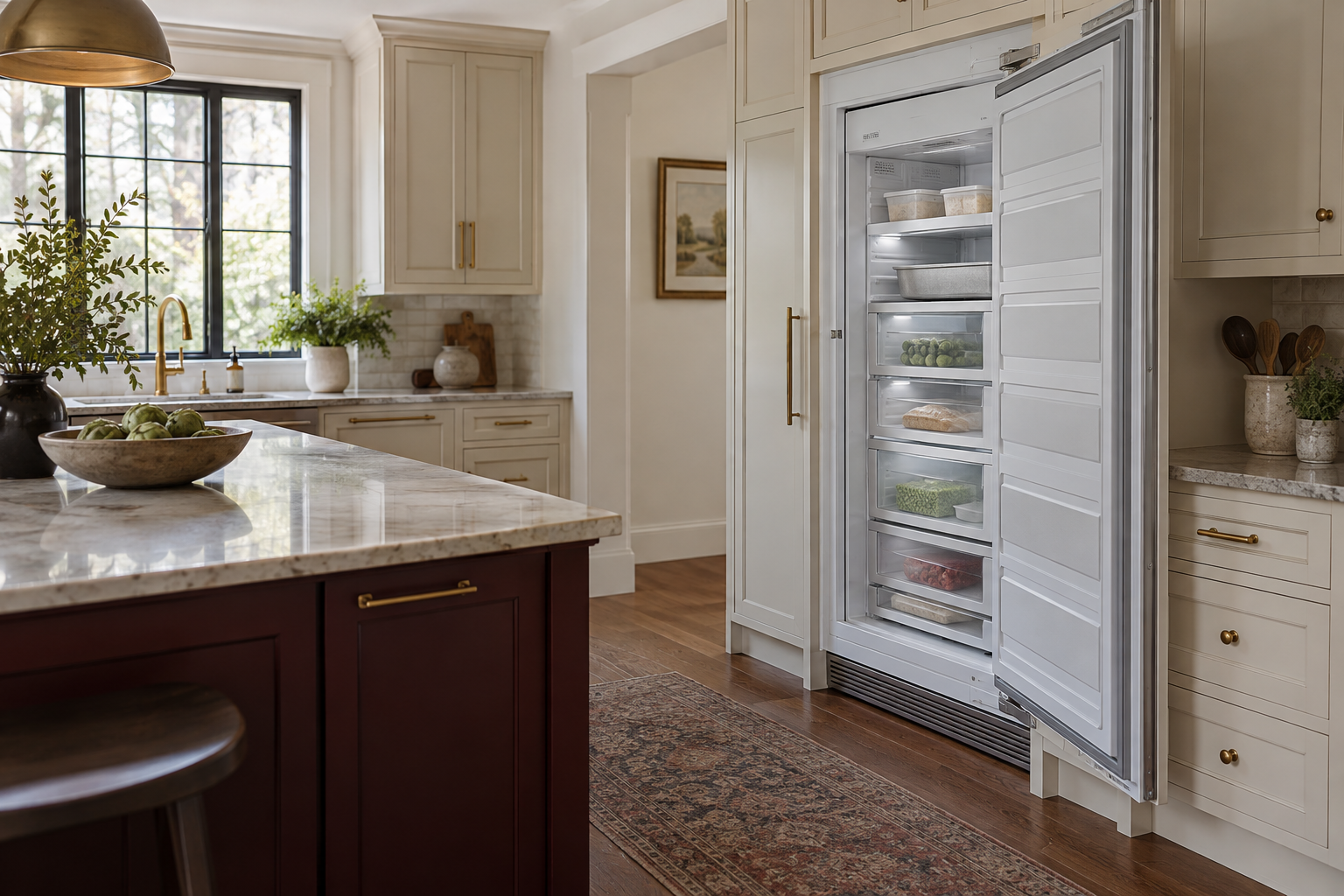 Illustrative Monogram freezer in a residential kitchen — AI image for Viking Repair Pelham Manor