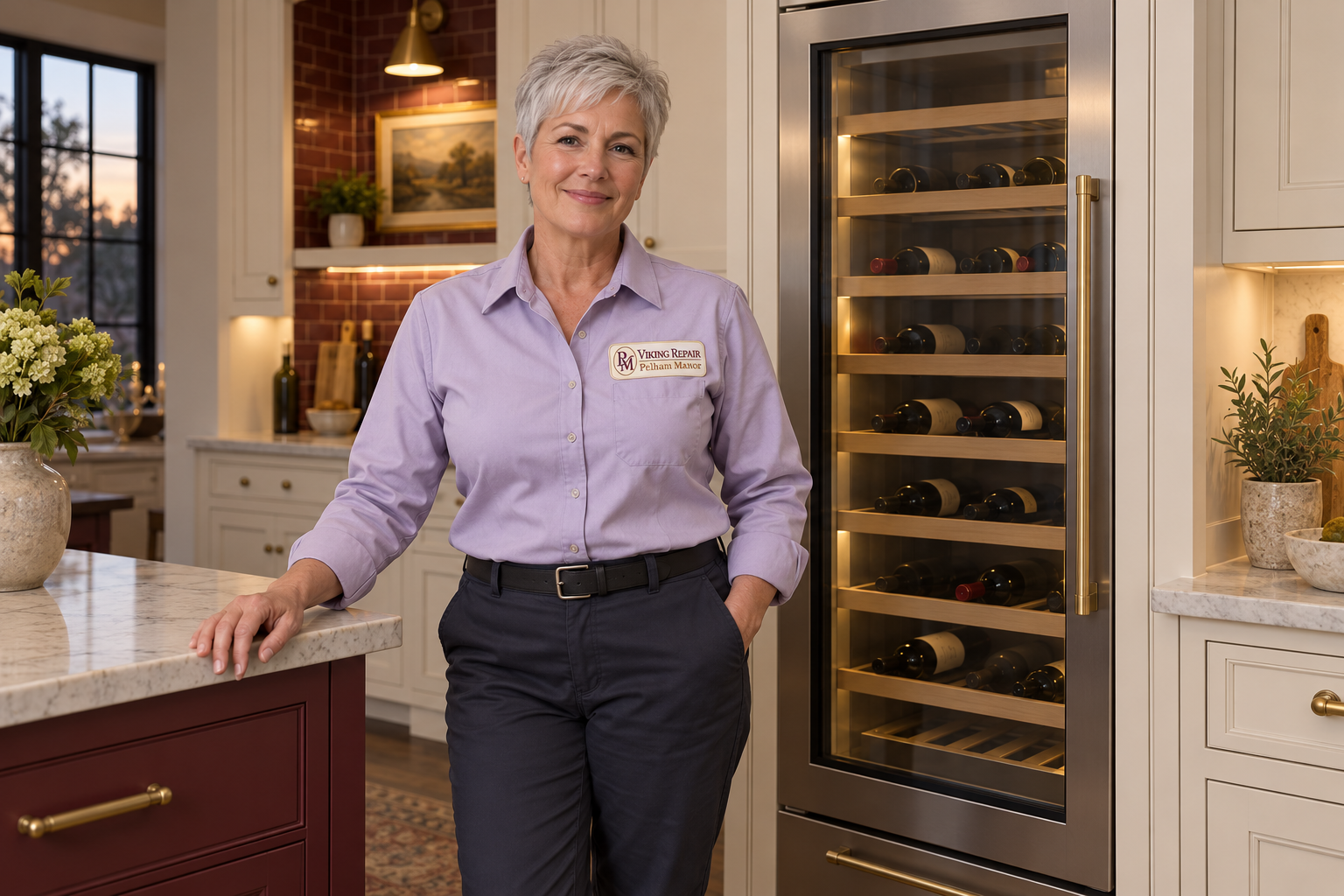 Fictional technician beside a Viking wine cooler — AI illustration for Viking Repair Pelham Manor